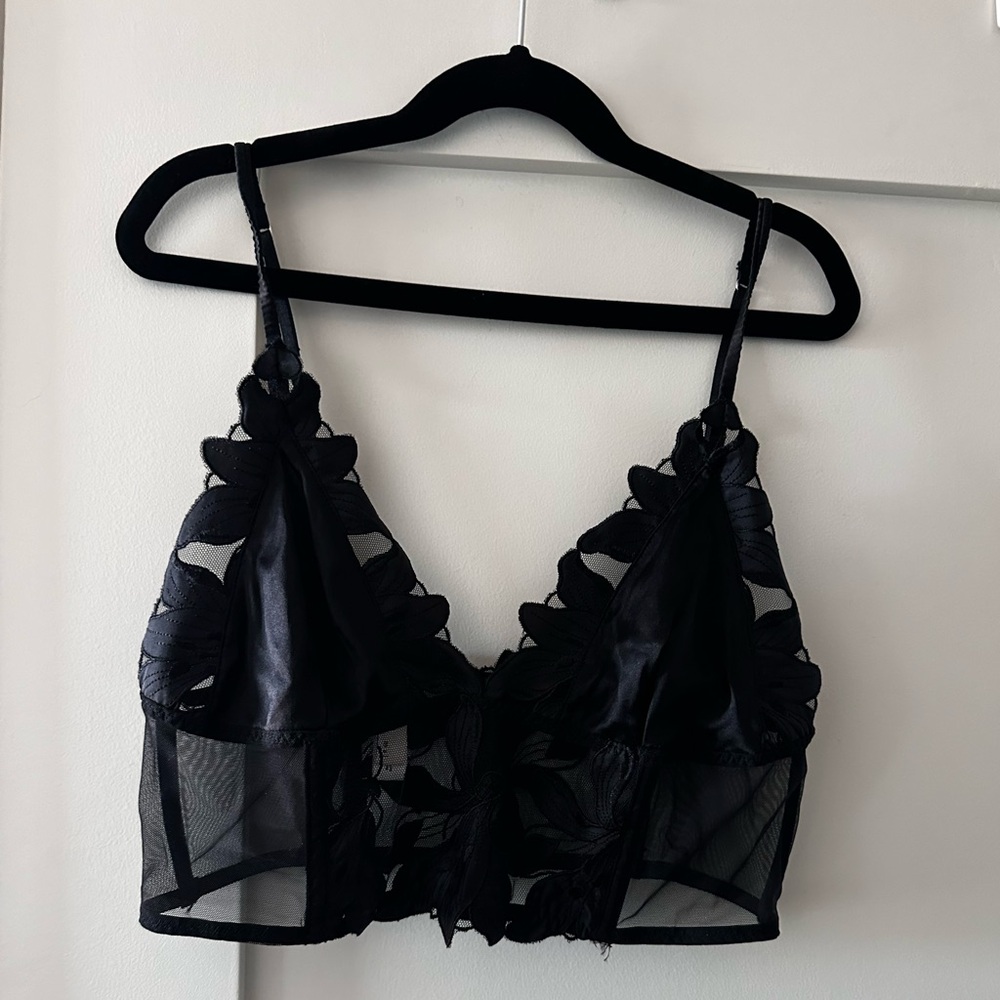 Fleur du Mal Lily Embroidered Long Lined Triangle Bra - black size M